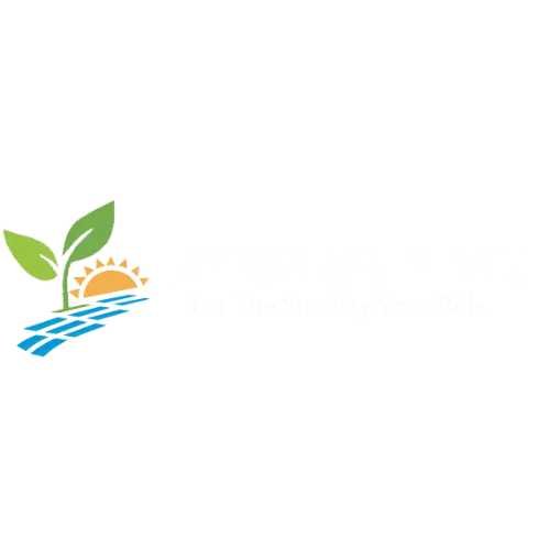 Client logo with green leaves, sunrise, and blue wave lines