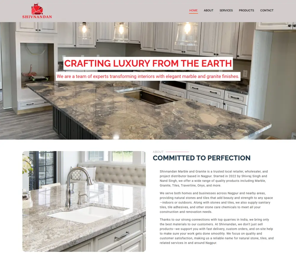 Shivnandan Marble and Granite website homepage banner with luxury marble kitchen countertop