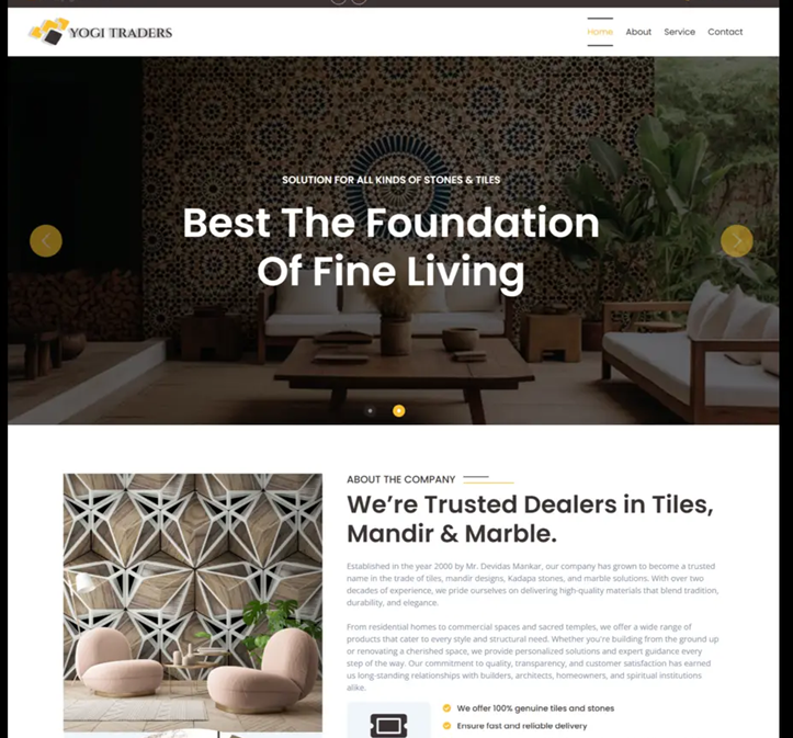 Yogi Traders tiles and marble website homepage hero banner screenshot