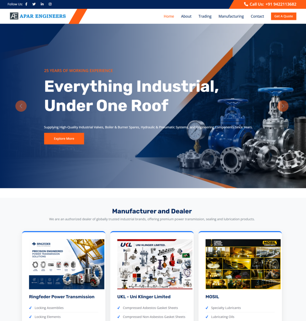 APAR Engineers industrial website homepage banner with valves and flanges under “Everything Industrial” heading