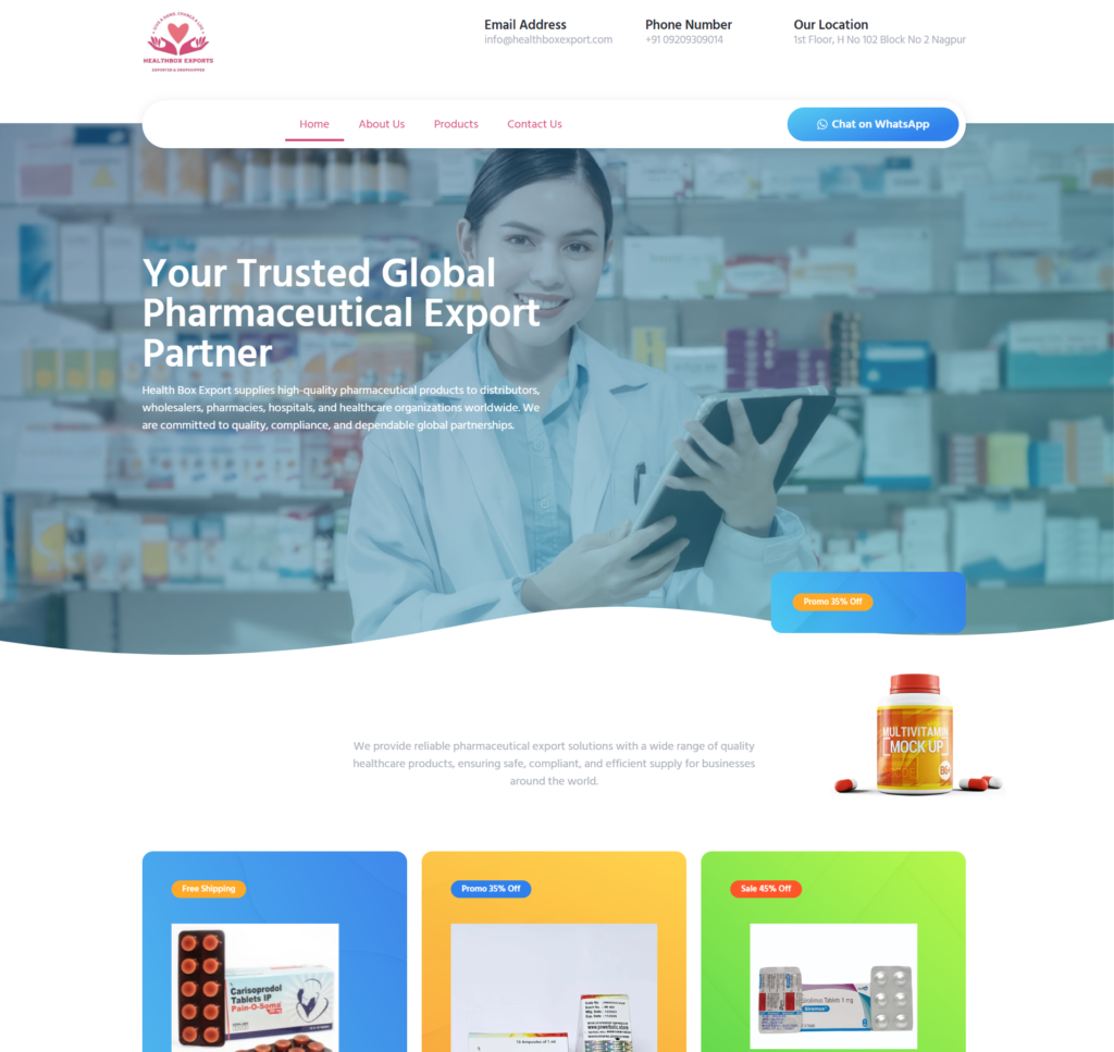 Health Box Export pharmaceutical export website homepage with pharmacist holding tablet