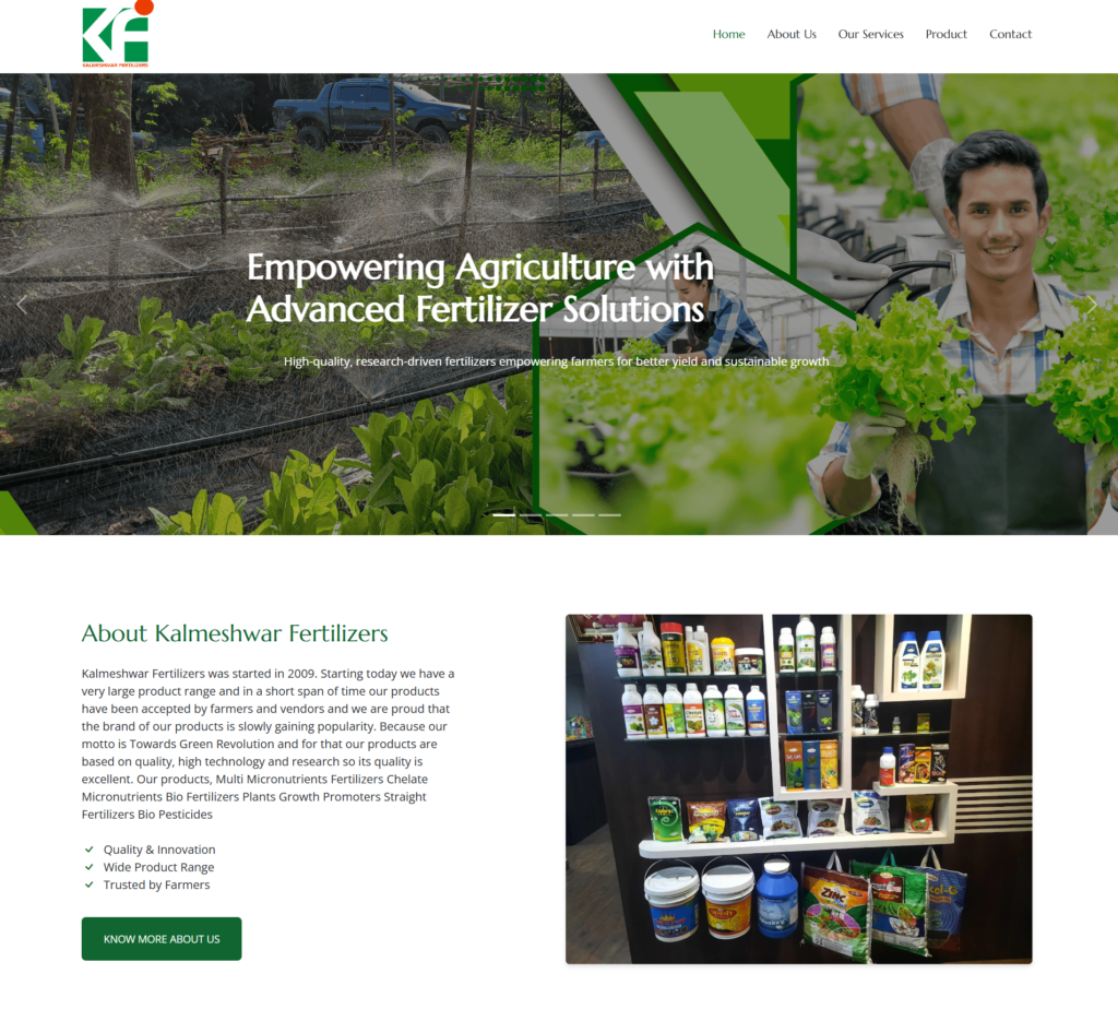Kalmeshwar Fertilizers website banner with farmer holding plants and fertilizer solutions text